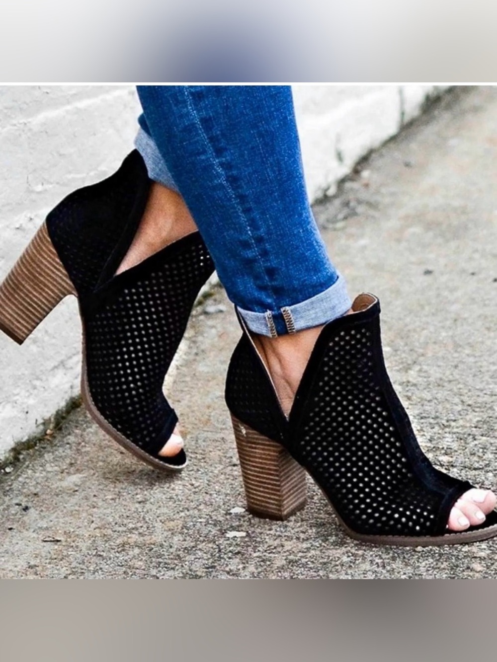 Lucky Brand Livey Black Perforated Open-Toe Block Heel Booties